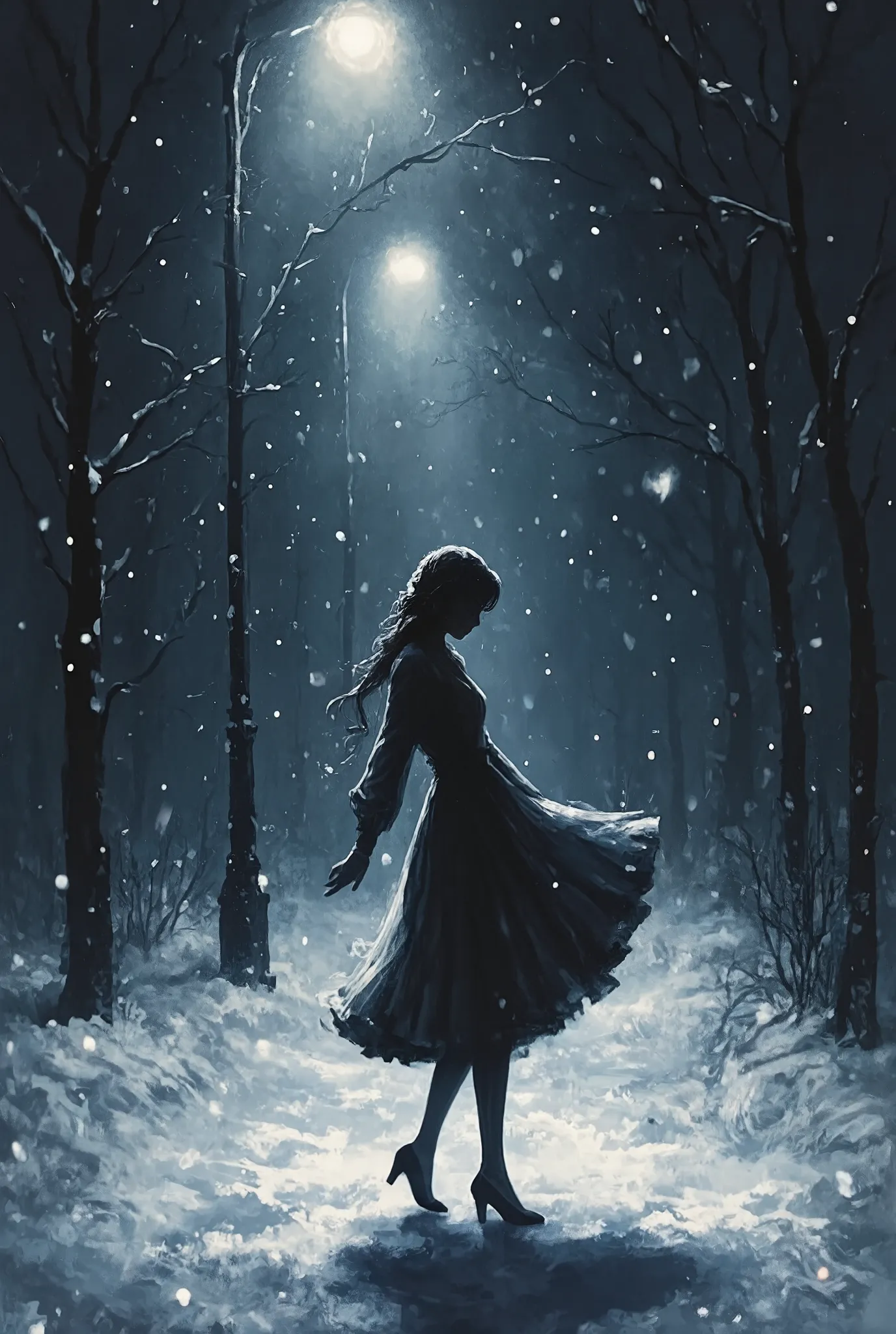 masterpiece,best quality,Alone,(Silhouette Art:1.4),woman dances gracefully (under dark streetlights)、winter、A fusion of solitude and subtlety、(((A free world just for her)))、from below,snow particle,Minimalism influenced by abstract painting,