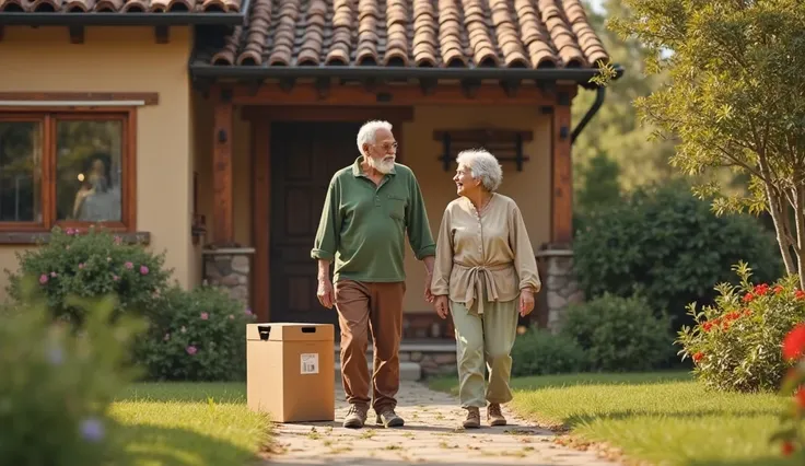 An elderly couple, Ernesto and Sofía, walking towards their cozy home when they suddenly notice a large cardboard box sitting on their doorstep. Ernesto, a distinguished man with neatly combed silver hair, a well-groomed white beard, and wearing a comforta...