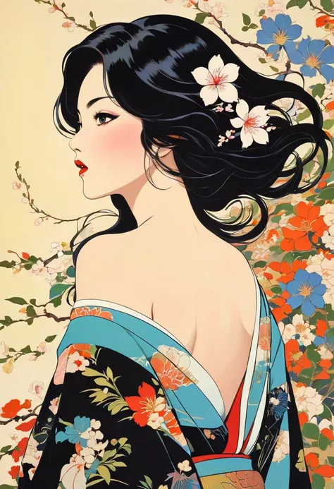 Masterpiece Painting, Feminine Art   , Ichiro Tsuruta,   art deco  ,   Flat Illustration  , Group Art, vector art ,   lots of flowers   ,  abstract, Passionate, Sensual and Beautiful Japanese Woman,Modern retro,  looks up, open their mouths slightly, I onl...