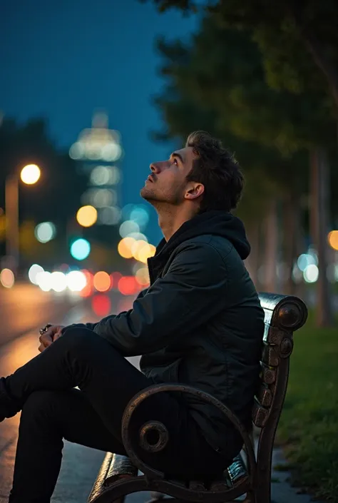 
"A young man, sitting on a bench in the park at night, looking up at the sky, seeing a deep state of thought on his face, blurred city lights in the background, cinematic and motivational atmosphere."
