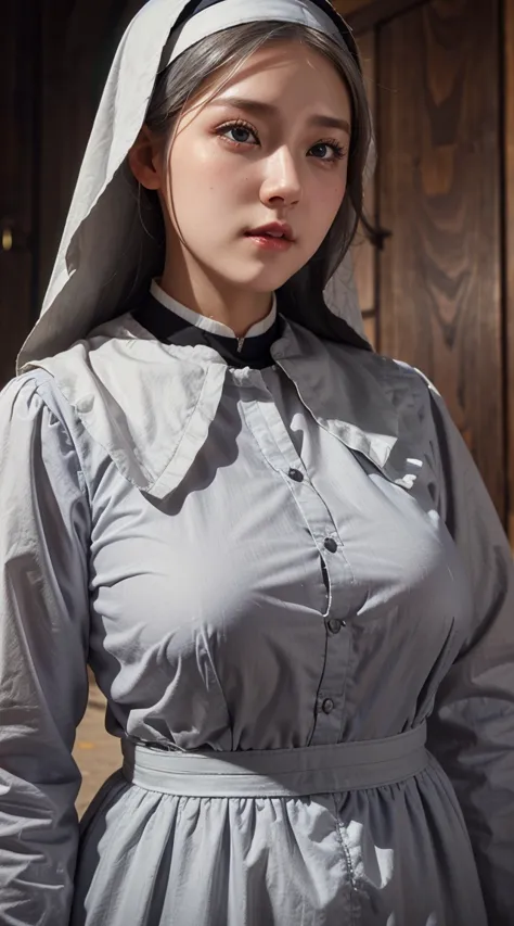 ,  Country Dress 、young nun, Bible,  Gray Hair, church,   realistic and detailed eyes  ,(((    she was made to ejaculate   ))),Kind Face、 
