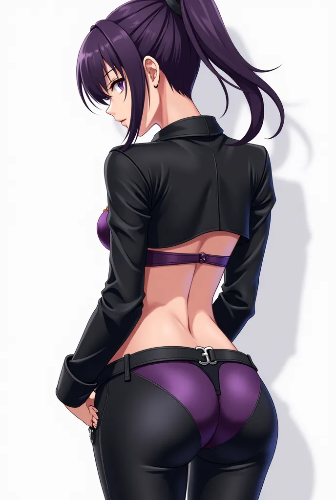  anime character from back, single character from back, leather pants, belt, with a pair of tight high boots, androgynous, boots, posing for a picture, black shiny leather, violet bra, bellybutton, crotch, Anime character, dark purple hair, violet eyes, cl...