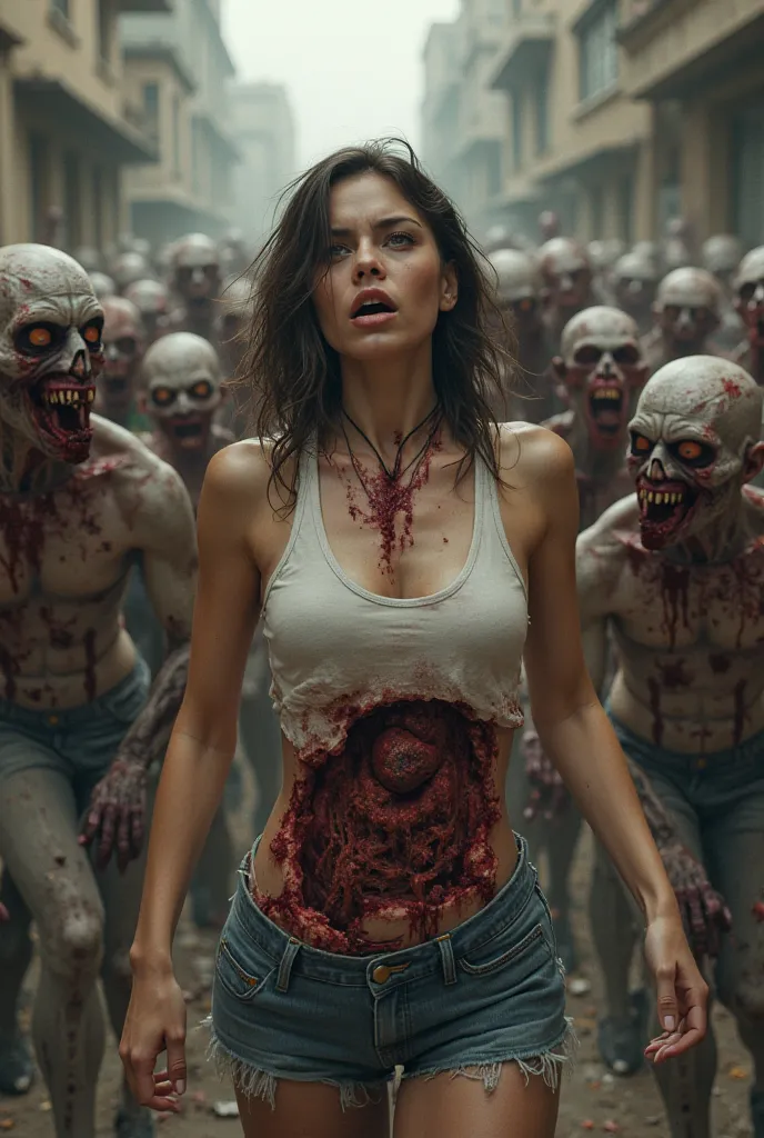 a white tank top American woman is being eaten by zombies , and some zombies are ripping her stomach until her entrails come out and there is a zombie biting the neck of a white tank top woman