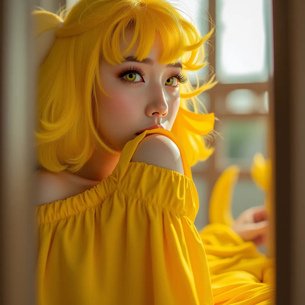   high resolution   , look at the audience  , 亚洲   girl，   girl， unique ， Yellow Hair ，   short hair，     yellow pupils    ，Hair dripping    ，Wet hair，  blush，Yellow dog ears   ， Drop ears朵 ，黄色Dog Tail ，绒毛Dog Tail，Drop ears ，微胖的  girl, sunflower，residence,...