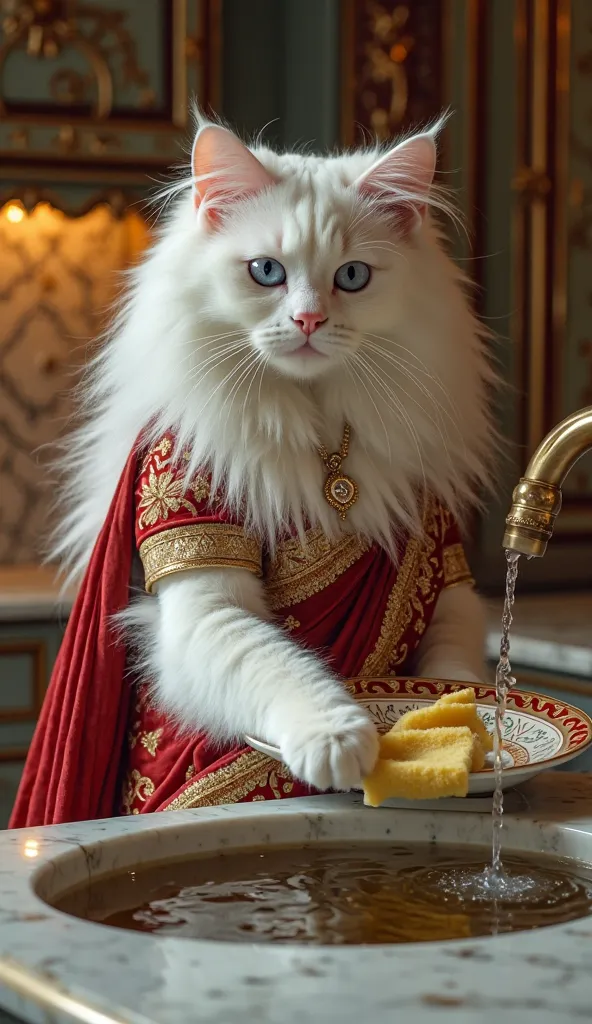 *"A regal, aristocratic white Persian cat with long, silky, well-groomed fur is washing dishes in an elegant, luxurious kitchen. The cat has a majestic and noble aura, with a perfectly fluffed coat, deep blue eyes full of wisdom, and a graceful posture. He...