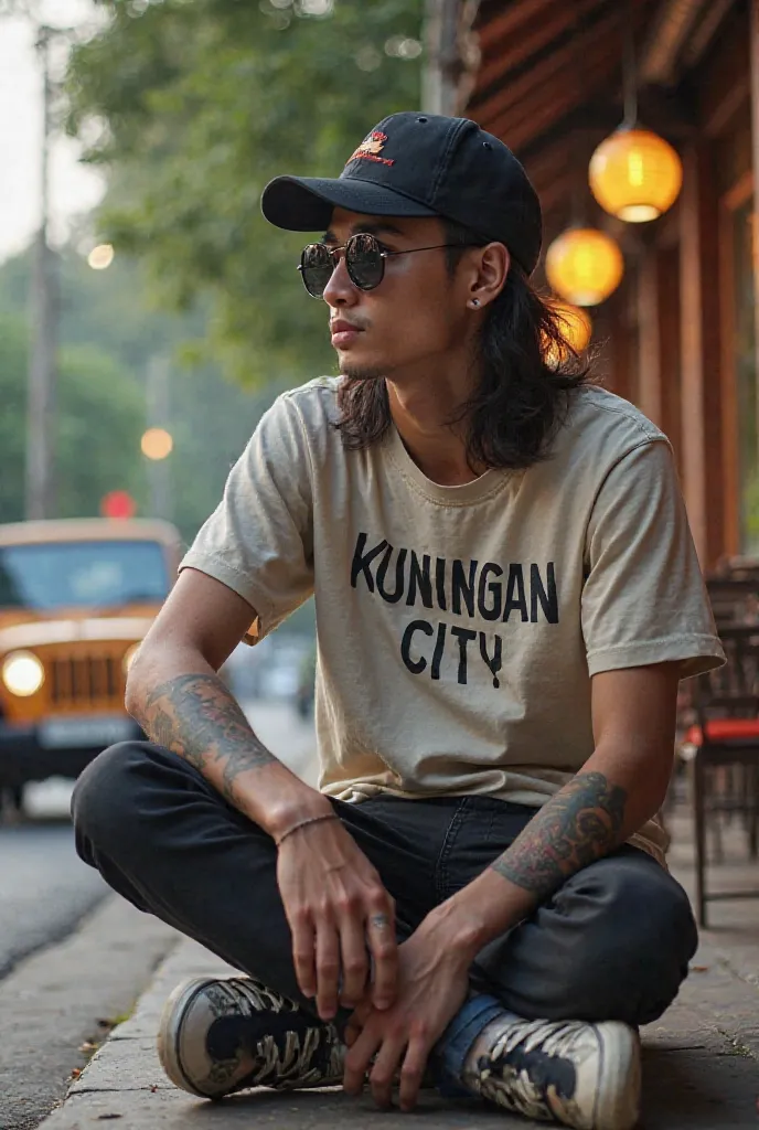 Jeep on the road and A young Indonesian man aged 35 years old sunglasses semi softball hat long hair T-shirt with the words KUNINGAN CITY and hand tattooed trousers with a pair of sneakers wearing earrings sitting in front of the dining room terrace lookin...