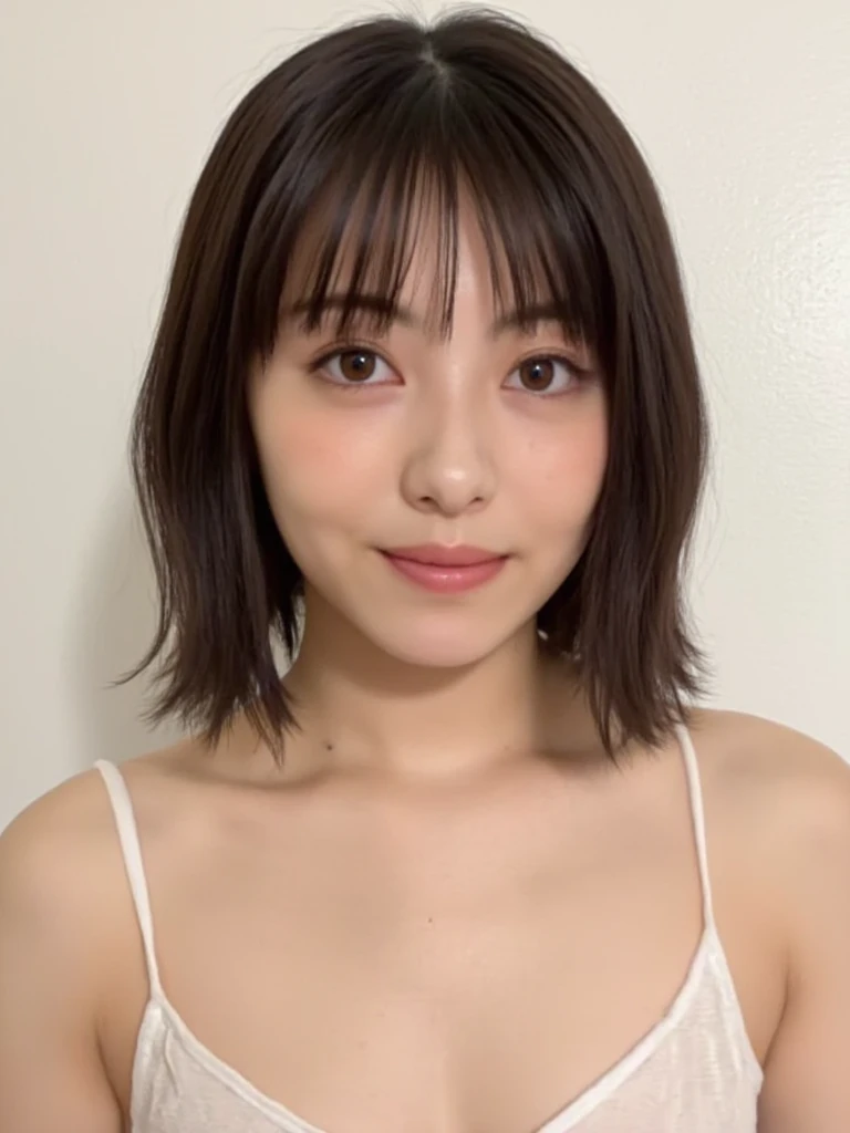 The image is、is a portrait of a young woman named Hamabe with half-long dark brown hair and bangs。.The overall atmosphere of the image is bright and serene .I'm about to take off my see-through bra。This is a full body image 