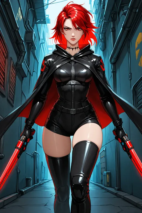 solo, ((from front)), female, Human, (Crimson red hair)), long red hair, black leather and tattered cloak, tattoo on neck, wielding twin enchanted pisols, stern expression, thigh up view, futuristic alley background, facing viewer