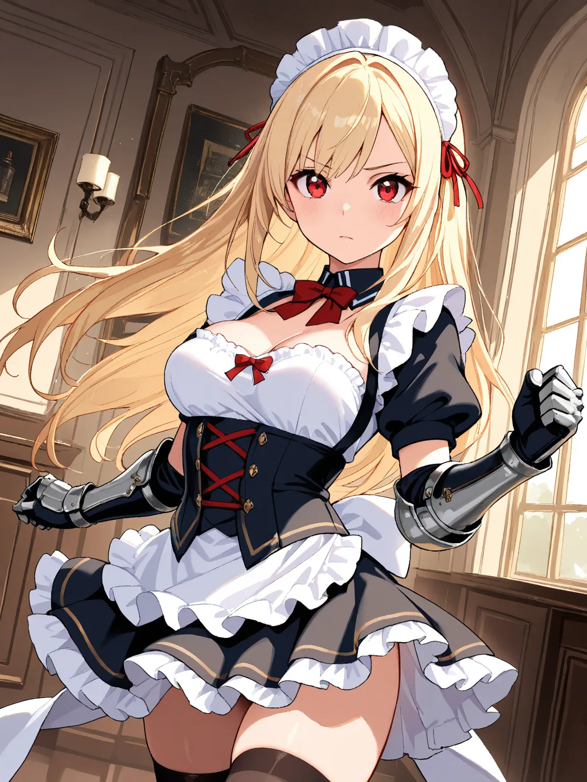 8k,masterpiece, best quality, ultra detailed, high resolution, super fine illustration, extremely detailed CG, intricate, professional quality, cowboy shot,looking at viewer,1girl, solo,gal, red eyes, blonde hair, medium breasts, maid headdress, maid unifo...