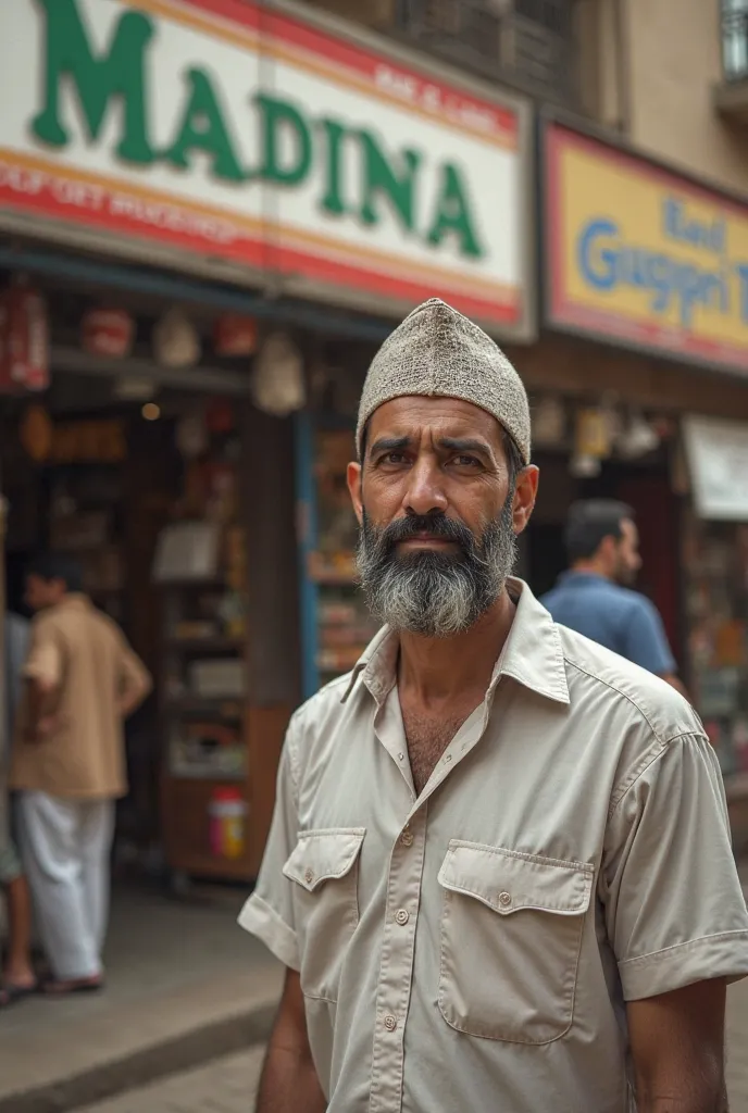 Take a picture for me with a view of a market with two shops in front, a chicken shop and the other a grocery store written on a board at a chicken shop Madina Poultry and a feed shop A light beard of a worker at Medina General Store and shop Be dressed an...