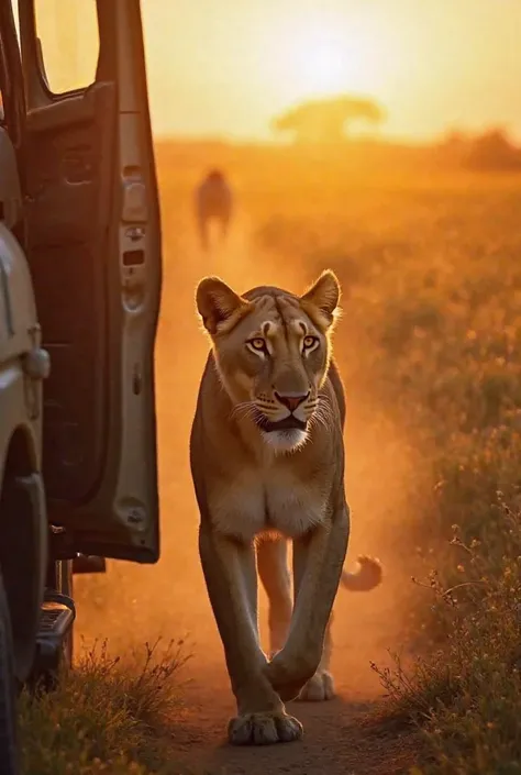 A healed lioness being released back into the wild at sunrise. The rescue vehicle’s door is open, and the lioness steps forward onto the vast savanna. She glances back briefly before walking away, her fur glowing under the golden morning light. The horizon...