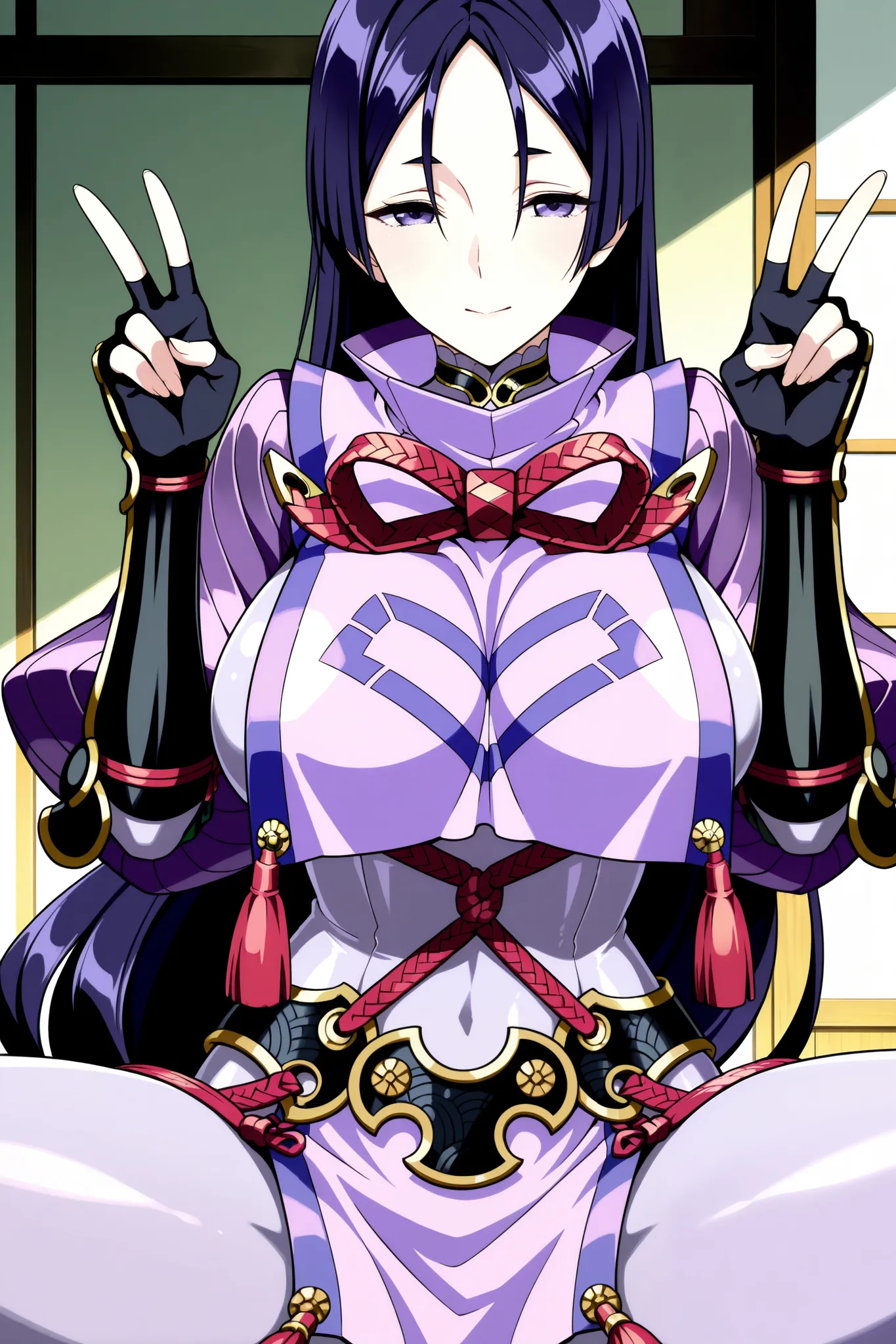 masterpiece,best quality, amazing quality, very aesthetic,anime screencap, 1girl, large breasts, minamoto no raikou (fate), parted bangs, purple eyes, purple hair, very long hair,hime cut, forehead,(purple bodysuit), breast curtain, rope, tassel, gauntlets...