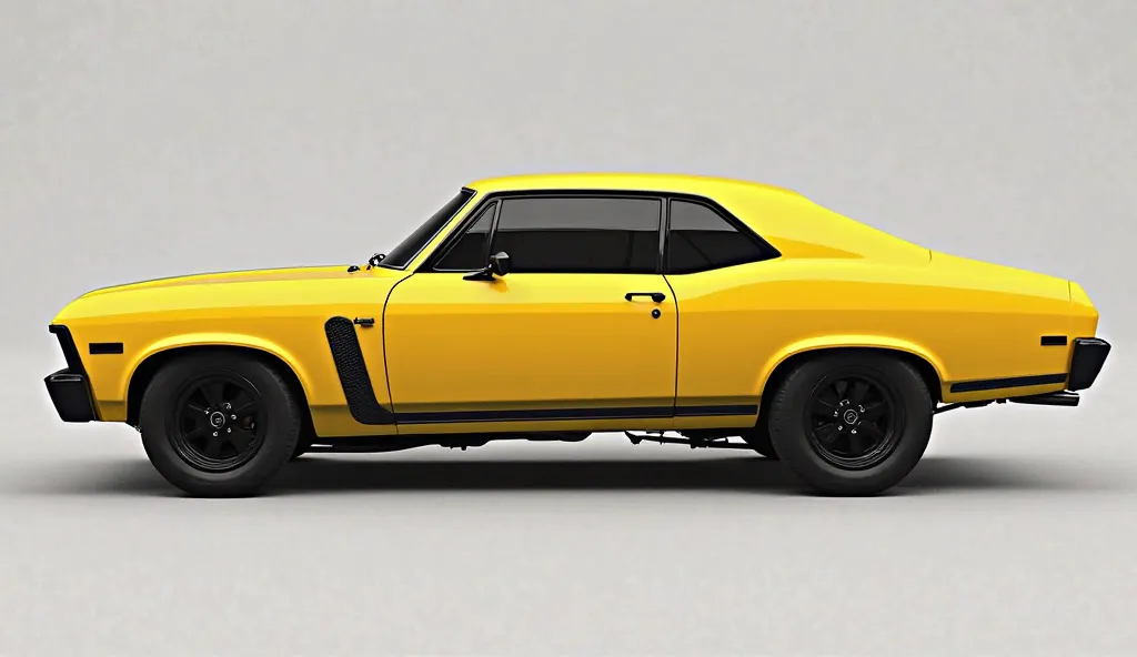 A side view of the 2025 Chevy Nova Sleeper Muscle Car in a striking yellow color with black accents. The car's sleek, low profile is complemented by its wide stance and subtly flared wheel arches, giving it an aggressive yet understated presence. The black...