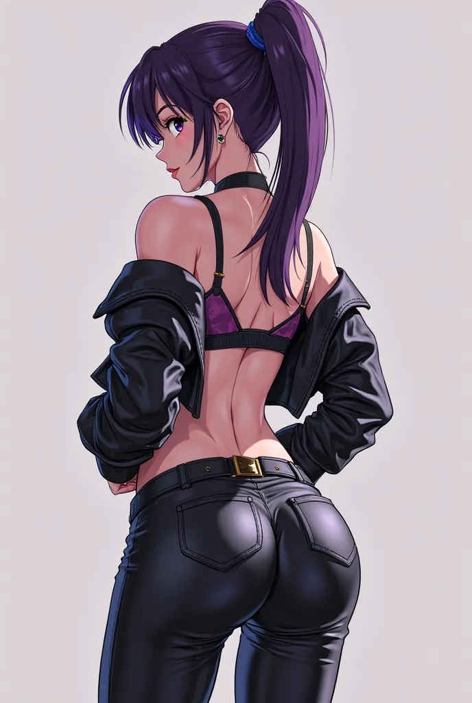  anime character from back, single character from back, leather pants, belt, with a pair of tight high boots, androgynous, boots, posing for a picture, black shiny leather, violet bra, bellybutton, crotch, Anime character, dark purple hair, violet eyes, cl...