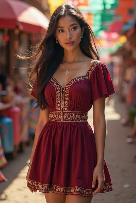 Bolivian brunette dress: short wine-colored bowling skirt with gold decoration 