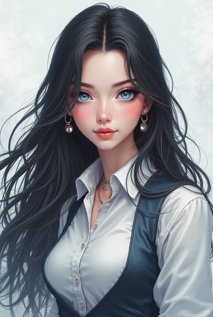 "A  girl with a delicate and elegant face, inspired by a snow queen. She has long, flowing black hair and striking icy-blue eyes. She is wearing a stylish, modern American outfit with a touch of sophistication. The background is soft and neutral to highlig...