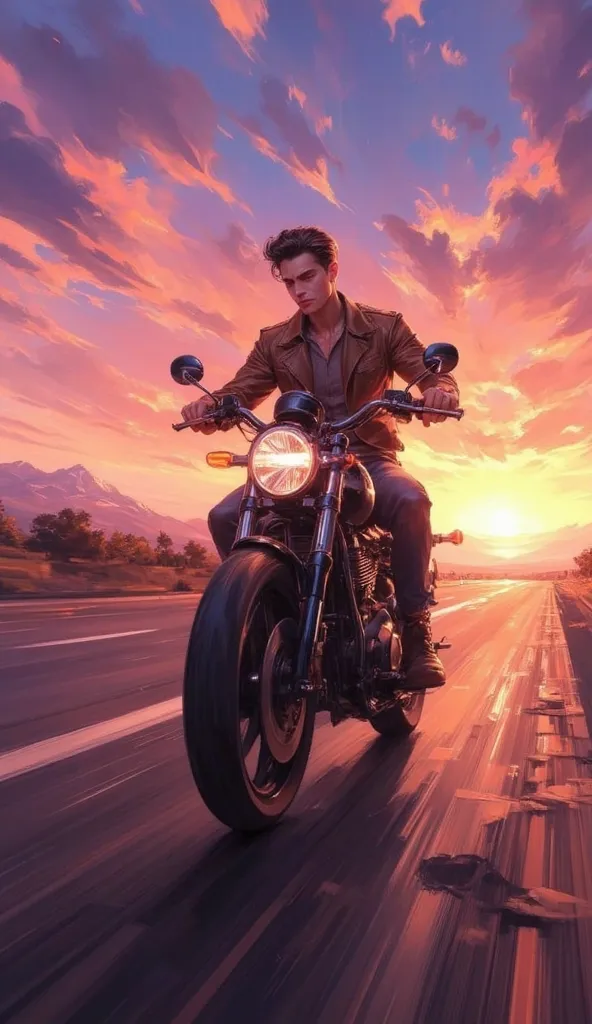 A lone young man rides a sleek, bullet-shaped motorcycle down an empty highway at twilight, bathed in the golden hues of the setting sun. His deep, contemplative eyes reflect the vast sky, painted in soft purples, oranges, and pinks. Dressed in a simple, r...