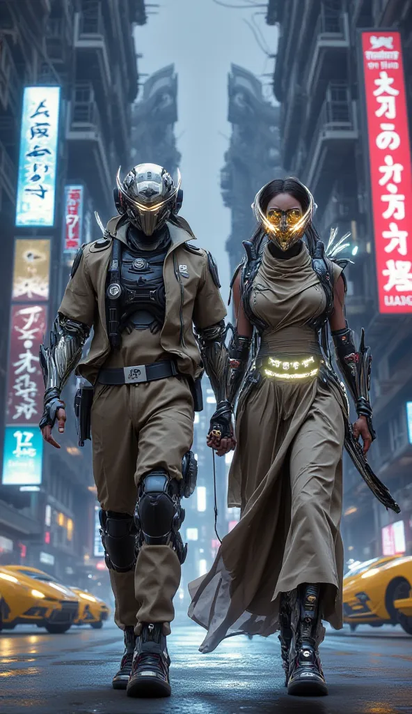 Here’s a futuristic version of your prompt:

"A futuristic Indian police couple walking through a high-tech, neon-lit Indian city. The male officer is wearing a sleek, modernized khaki uniform with advanced armor plating, a glowing badge, and a futuristic ...