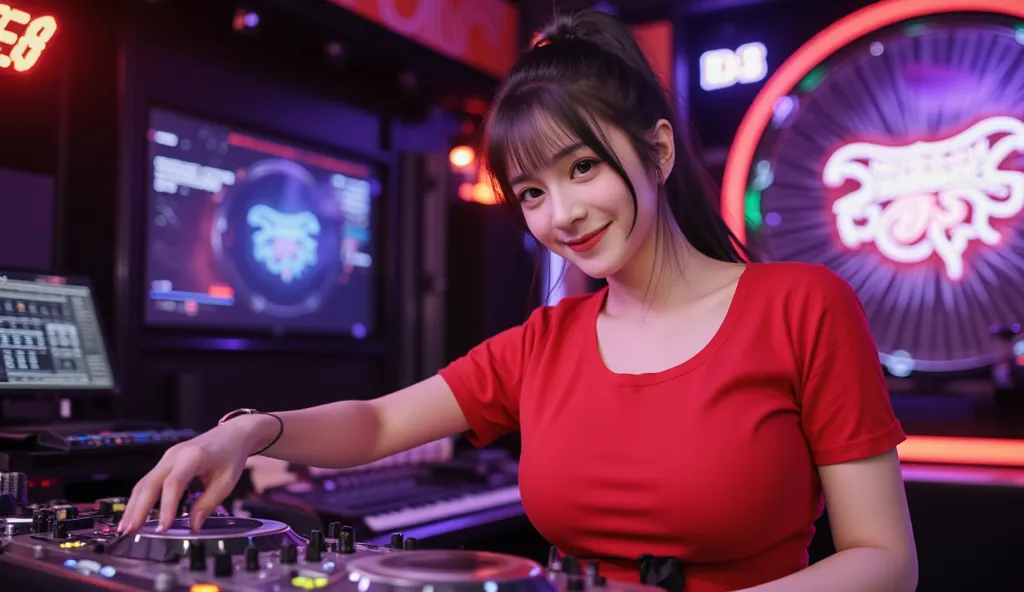 Beautiful Asian woman, wearing a sexy red t-shirt, big breasts, with hair tied back, The woman plays a DJ musical instrument, focus on the DJ woman, smiling at the camera, with a special DJ room in the background