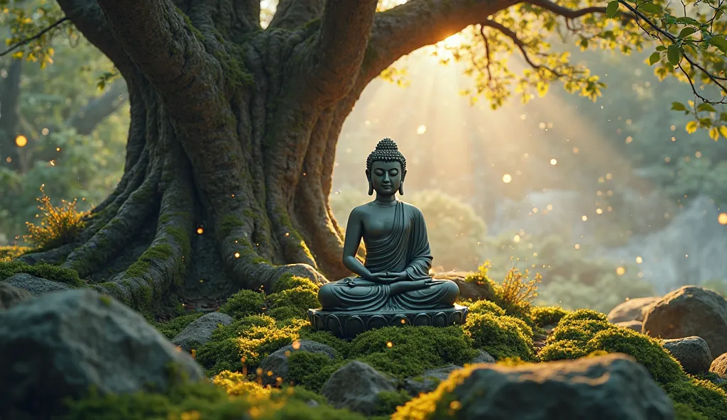 A meditating Buddha statue under an ancient tree, surrounded by moss-covered rocks, early morning mist creating a dreamlike effect, fireflies slowly drifting, warm golden hues blending with deep greens, peaceful and divine, ultra-detailed, 8K resolution.