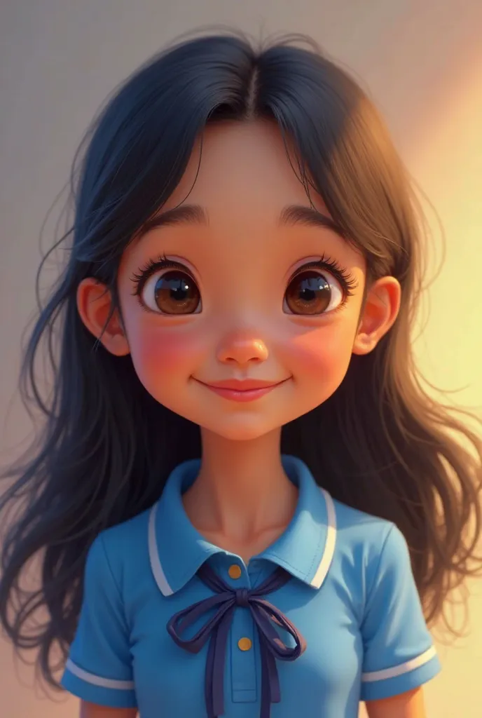 Pixar inspired Filipino girl with fair skin, wearing blue polo blouse with dark color blue ribbon on neck part and black long hair 
