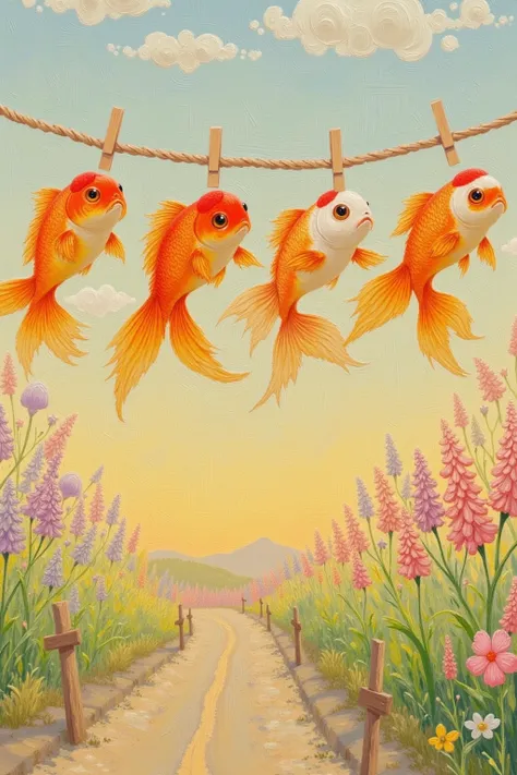 there are four goldfishs hanging from clothes line with clothes pins,  Igor Grabbar  (Igor Grabar)  A realistic painting , Popular posts in the CG community,  conceptual art, floating goldfish, Cute detail digital art, Fish, A beautiful illustration , Love...