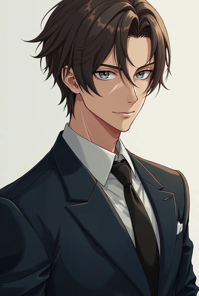 a man, suit has to look serious or dominant, well-dressed in a,  gray eyes,  attractive, brown hair (anime style) 