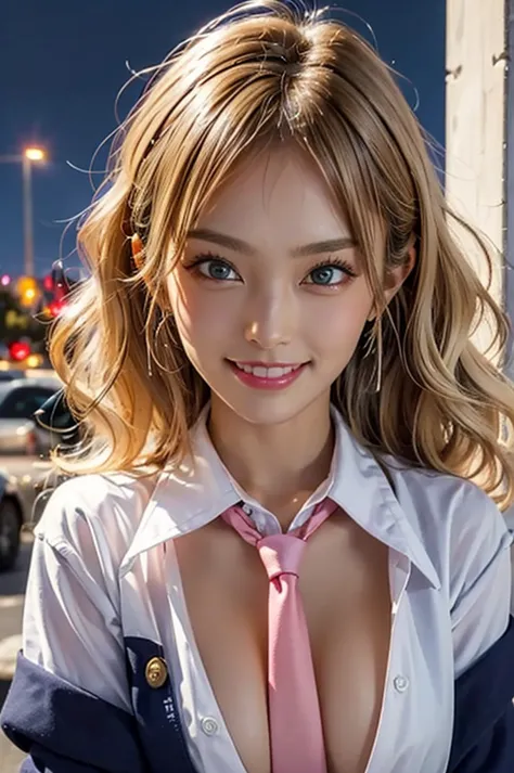 (((upper body))), ((face focus)), looking at viewer, nsfw, (real), (vivid), 
1 girl, (Spring pink makeup), ((glowing skin)), ((happy smile, Droopy eyes:1.2)),
long hair, (((blonde:1.2))), (((curly and wavy hair:1.2))), 
jewelry, earrings, piercing,
school ...