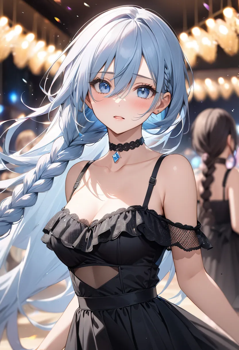 masterpiece, best quality, a women, 30 years old, hair scrunchie, white color extremely long hair, hairs between eyes, braids, sky blue eyes, regrettable, choker, off shoulder, mesh, black dress,  Bra Straps)(background: party venue, crystal motion blur ).