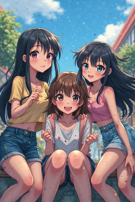 Create an image of three friends two with long black hair , one with fringes and the other not and the third with brown hair and with many of the three anime types but rude