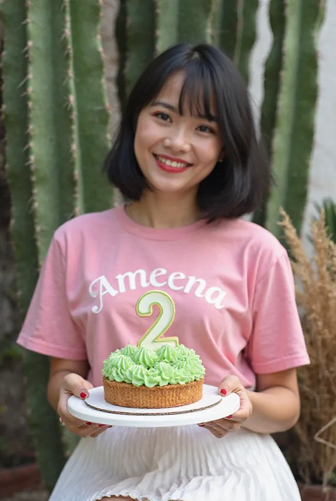 A beautiful Indonesian woman aged 37, clean white , has chubby cheeks and a slightly plump ideal body.The woman wore a pink T-shirt bearing the name 'Ameena' and wore a white pleated skirt around the waist.Black bob haired straight shoulder-length and neat...