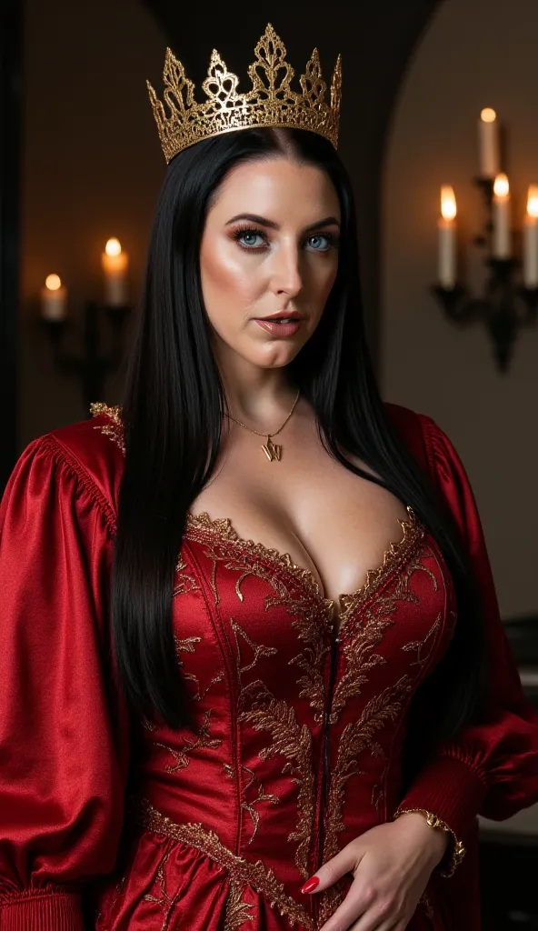 High quality professional photography.
upper body portrait of a gorgeous brunette woman with pale skin as a queen wearing a red medieval dress with intricate golden details. She is also wearing a golden crown on her head. Her hair is long and straight. Wea...