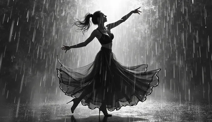 Black and white artwork featuring a female silhouette dancing in the rain