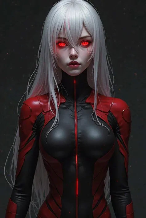 Hair: Long, silver-white with crimson streaks

Eyes: Striking crimson-red, glowing faintly in the dark

Outfit: Standard Parasite uniform with custom black-and-red bodysuit instead of the typical white suit 