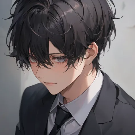 ( masterpiece,   High Resolution  ,  best quality),  male high school students、solo, Longer shortcuts、bangs over eyes、 black hair、weak々like、 gray eyes、anime style、 red face, long eyelashes, simple background,School uniform、 black uniform、viewer、Overlook、sh...