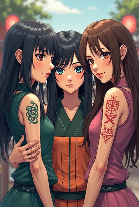 Create an image of three friends two with long black hair , one with fringes and the other not and the third with brown hair and with many of the three Uzimaki anime types