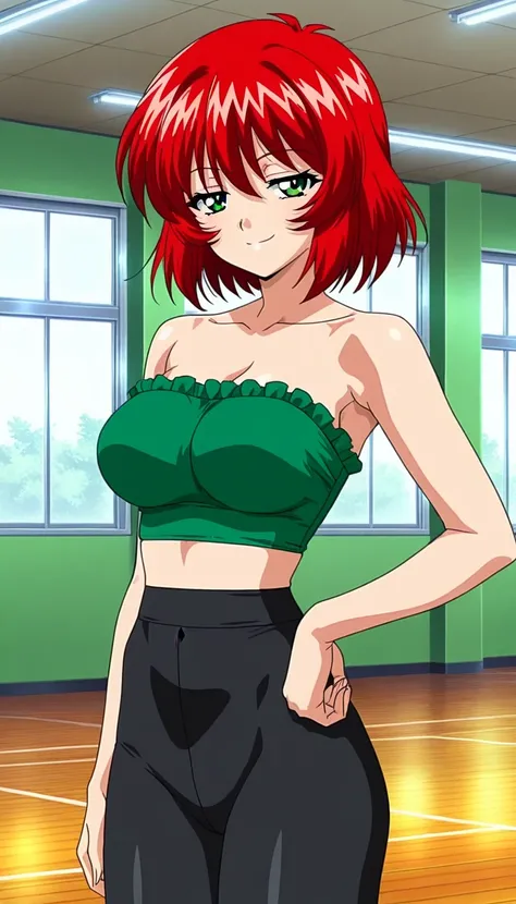 anime screencap, masterpiece, best quality, amazing quality, very aesthetic, absurdres, newest, official style, dance class room, window, indoors, background, upper body, dna_hunter_mai, 1girl, red hair, short hair, collarbone, strapless, a green ruffle cr...