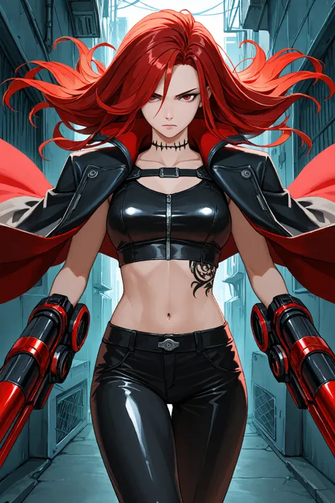 solo, ((from front)), female, Human, (Crimson red hair)), long red hair, black leather pants and crop top and tattered cloak, tattoos on neck, wielding twin pistols, serious expression, thigh up view, futuristic alley background, facing viewer