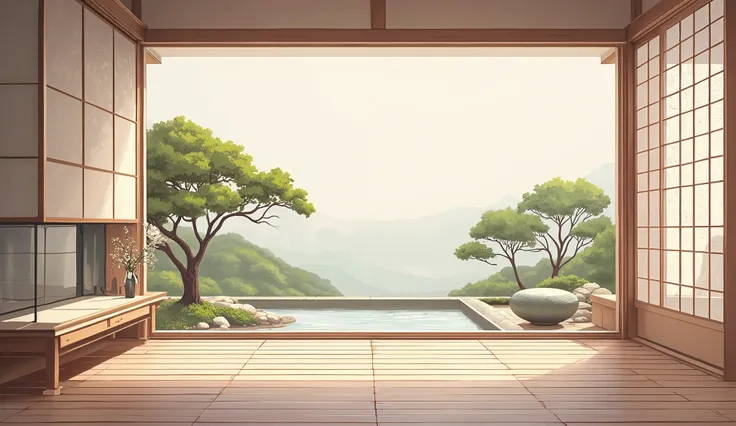 illustration in soft colors predominating , minimalism of a Japanese style living room with window to see the minimalist Japanese garden with bonsai trees, the stage evokes energy and elegance