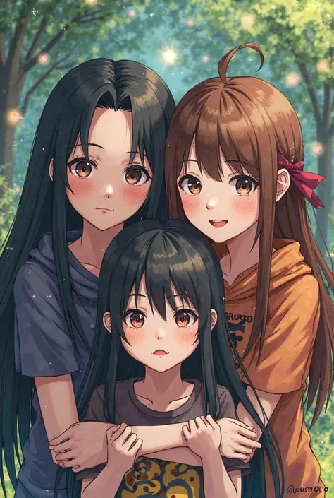 Create an image of three friends two with long black hair , one with fringes and the other not and the third with brown hair and with many of the three Uzumaki anime types