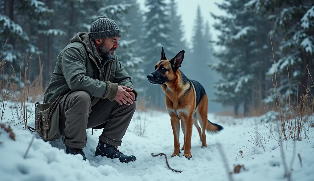 Ultra-realistic 16K photo, Logan kneeling beside a partially buried rope with a broken lead near the edge of the forest. Sadie (German Shepherd) stands beside him, her ears flattened, tail tucked, trembling slightly as she sniffs the rope. Logan’s face dar...