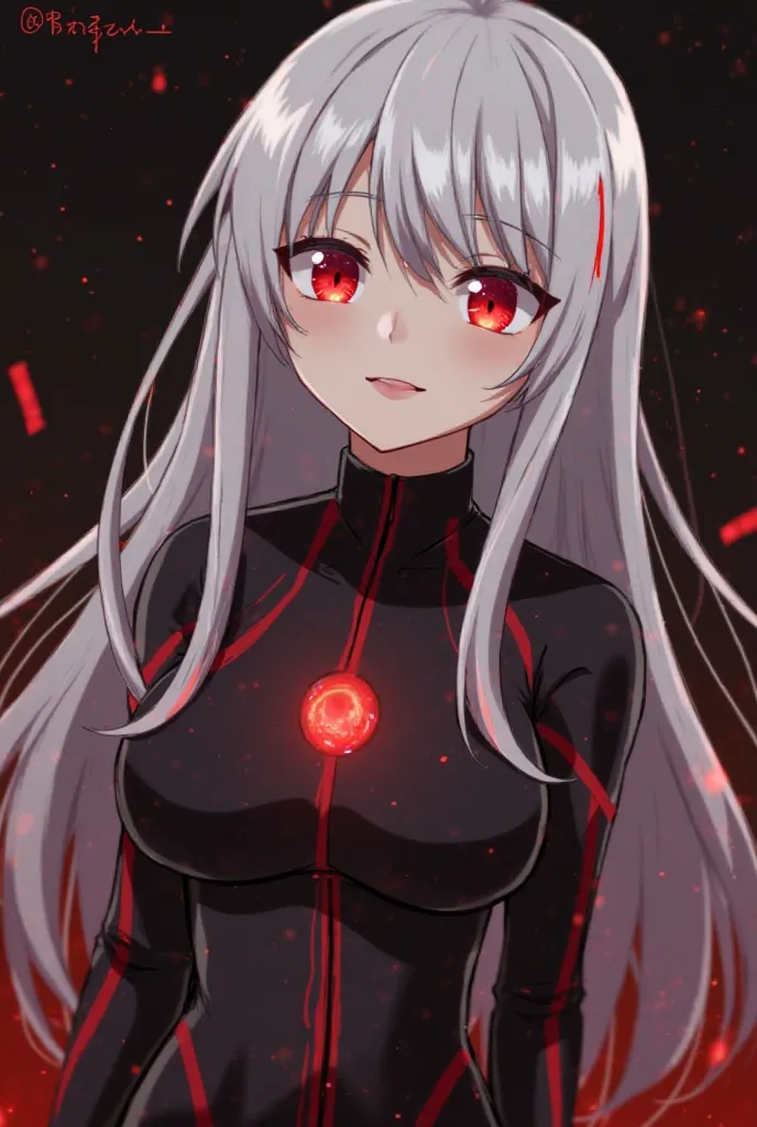 Hair: Long, silver-white with crimson streaks

Eyes: Striking crimson-red, glowing faintly in the dark

Outfit: Standard Parasite uniform with black-and-red bodysuit instead of the typical white suit In anime style