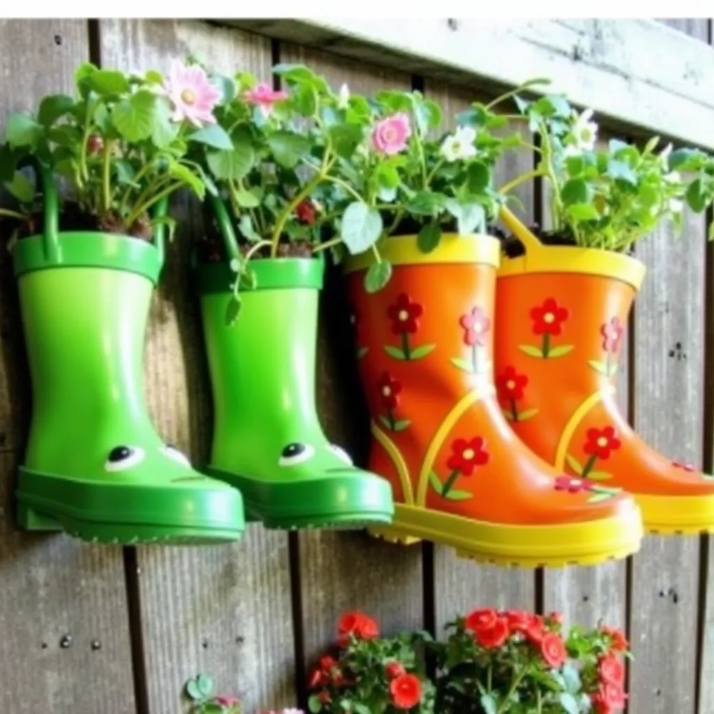 Two multicolored rain boots used as flower pots, two green boots on the background of a wooden wall