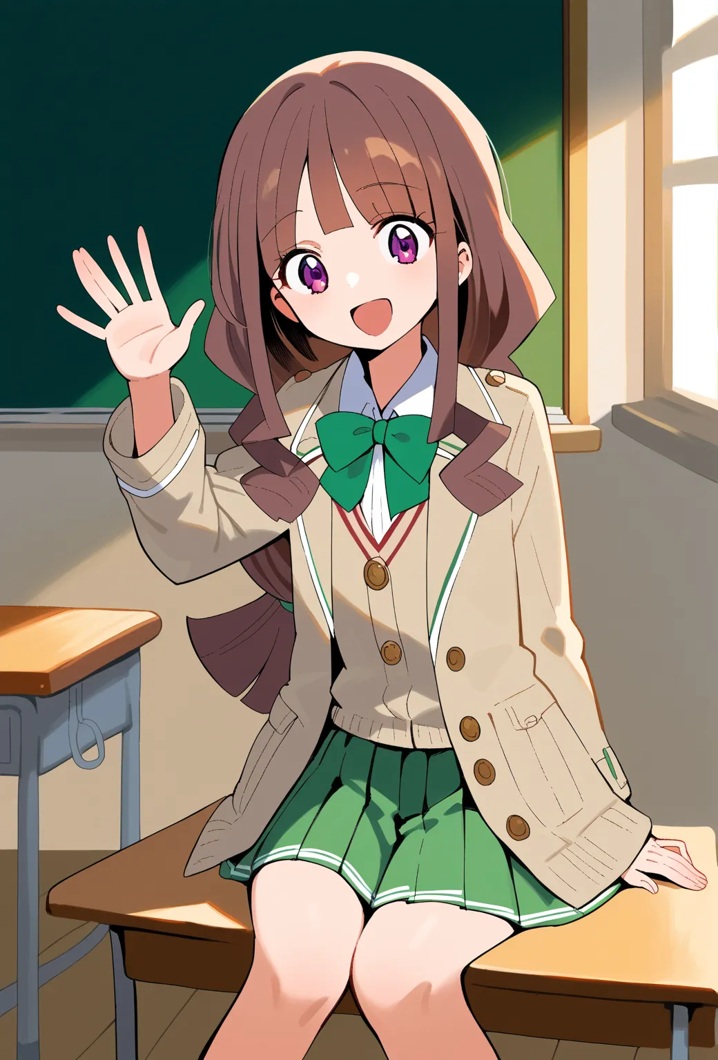 1girl, Brown hair, long hair, sidelocks, Low-Tied Long Hair, purple eyes, school uniform, Brown jacket, green ribbon, pleated skirt, flat chest, sitting, indoors, desk, classroom, waving, smile  score_9, score_8_up, score_7_up, score_6_up, score_5_up, scor...