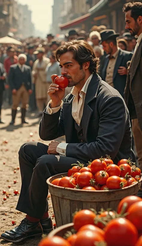 A 1800s visual showing a good looking man with tomato his hand, he's eating that tomato, and a bucket full of tomatoes just besides him and man sitting on road surrounded by a crowd