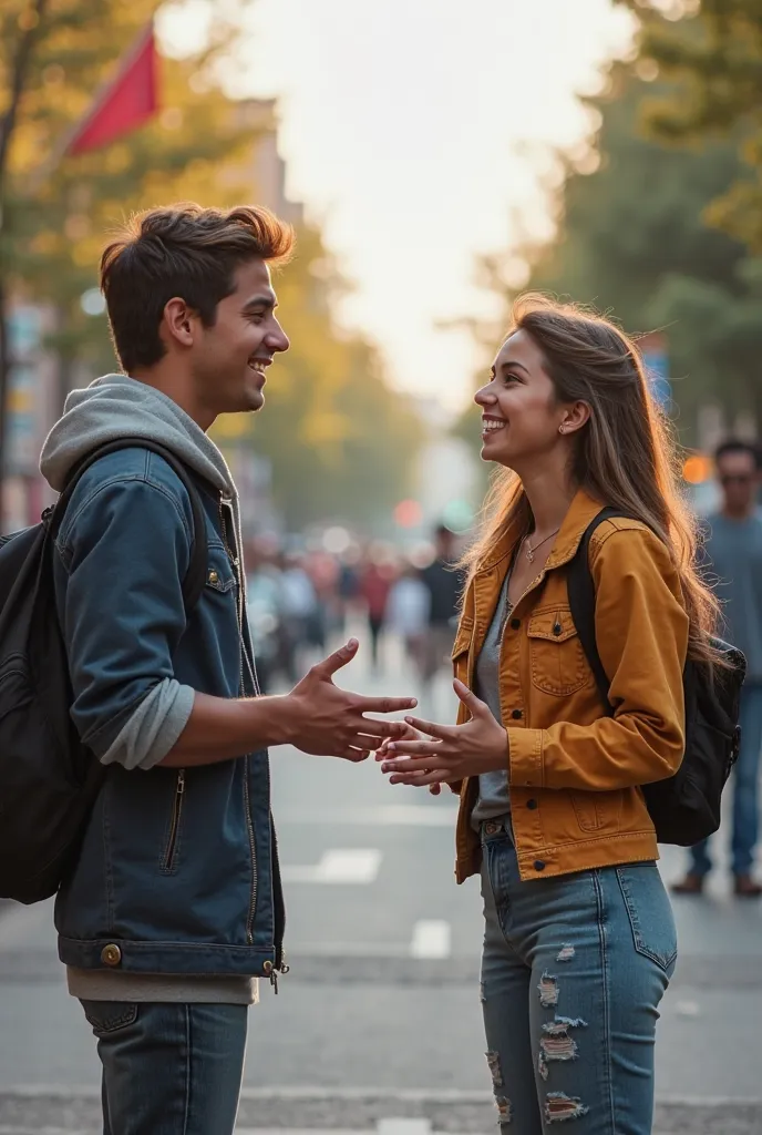 Two young people talking on the street with a blurred background 