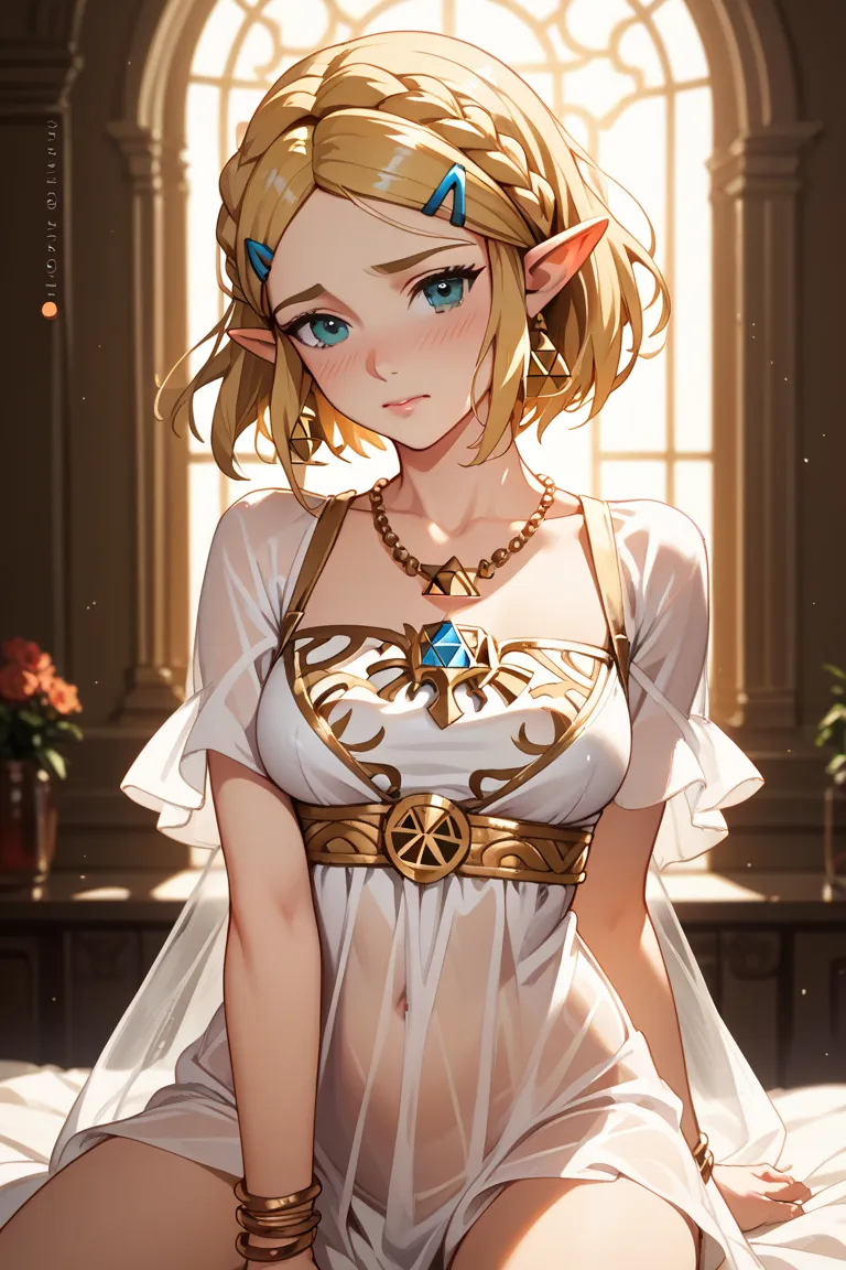 Princess Zelda、see-through dress、Short hair、Straddling the face of Yusha Link、blush、is embarrassing