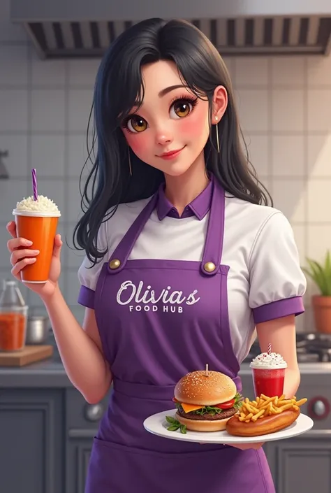 An asian woman , age 15 , black hair, holding a plate with burgers, fries, hotdog and drinks , wearing a purple and white chef's and a purple apron in a kitchen with name in her apron Olivia's Food Hub. 