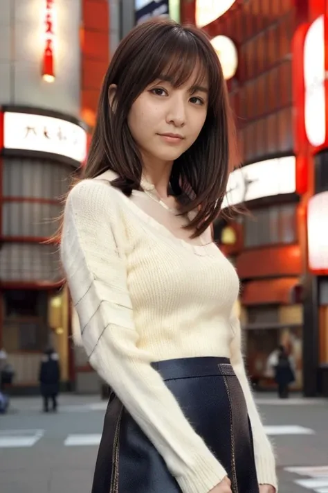 Product quality, 1 girl, Cowboy Shot, Front view, Young and pretty girl in Japan, At night, Wearing a knitted sweater, Wearing a mini skirt, (View your audience:1.2), (Looking into the camera:1.5), ((In the city of Ginza:1.5)), Super cute face, Glossy Lips...