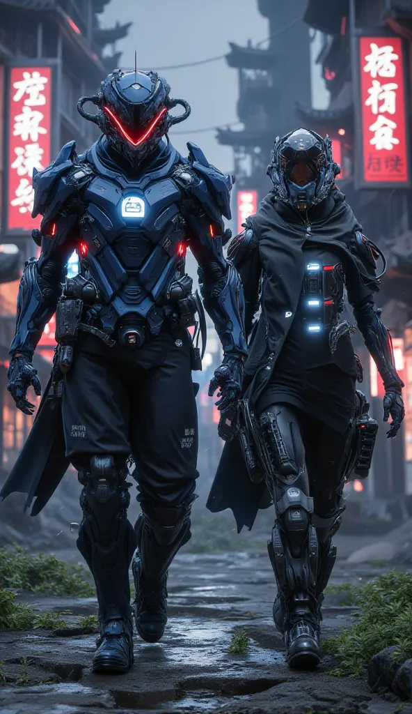 Here’s the revised and detailed prompt for your request:

"A futuristic Chinese police couple walking through a post-apocalyptic cityscape. The male officer is wearing a high-tech, modernized version of the traditional Chinese police uniform, featuring sle...